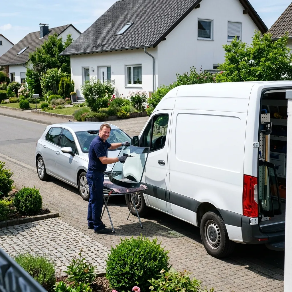 Mobile auto glass service operation on-site in the Main-Taunus district