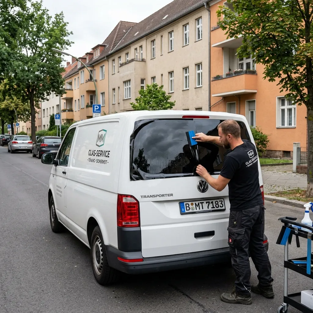 A tradesman's van receives an opaque security foiling in a quiet street
