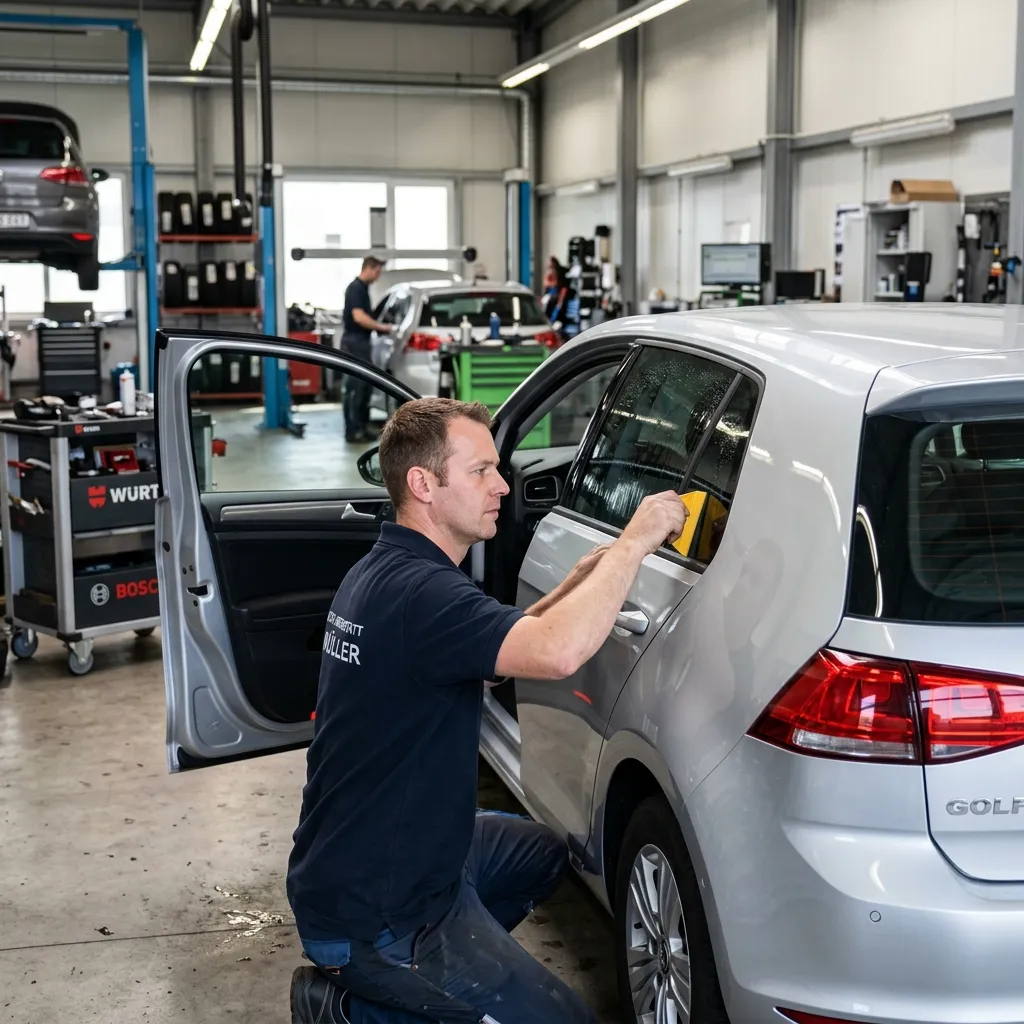 A tinter carefully applies window tinting to a car in a bright German workshop